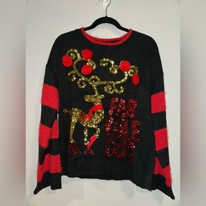 HOLIDAY TIME Christmas FAB YULE OUS Blk/Red/Gold Sequin Sweater Size M Reindeer